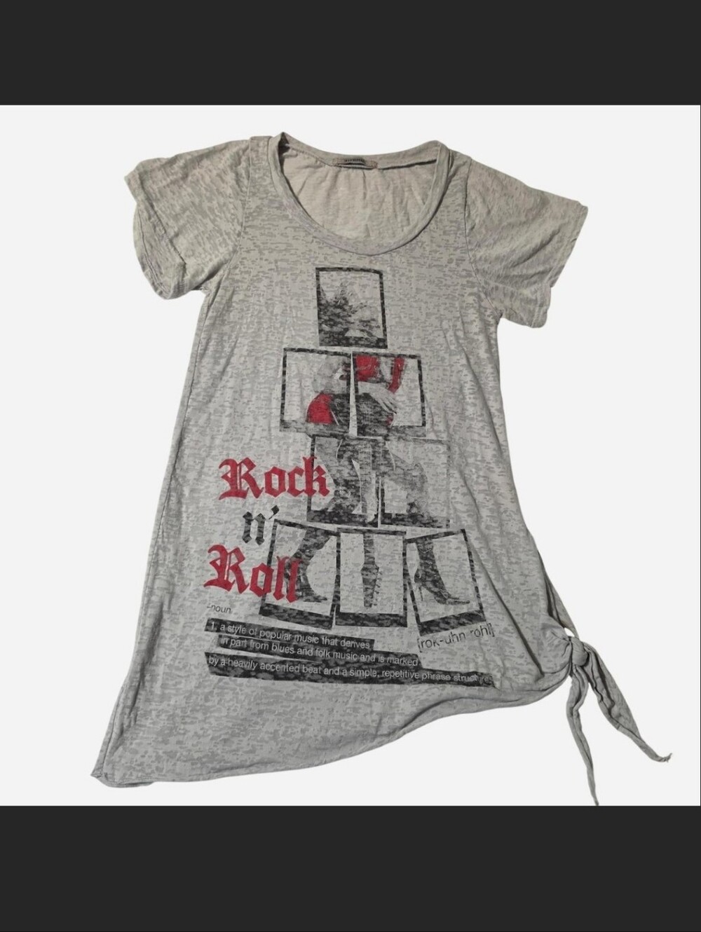 Unique gray Rock-n-Roll burnout t-shirt with red 'Rock n Roll' text. Size M